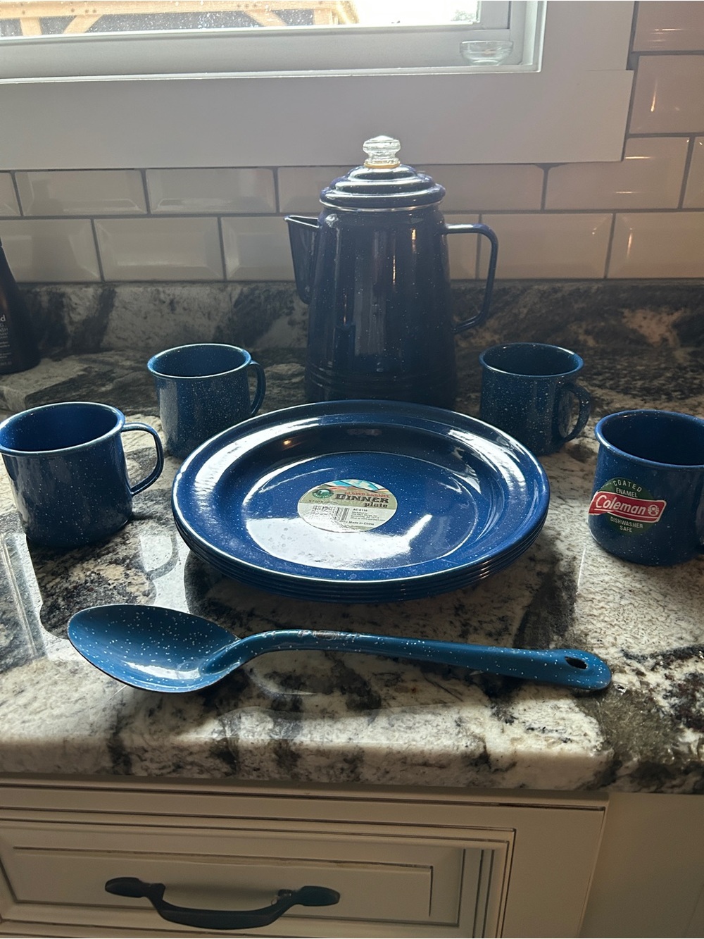 Coleman Blue Speckle Enamel Campware Set with Coffee Pot & Spoons